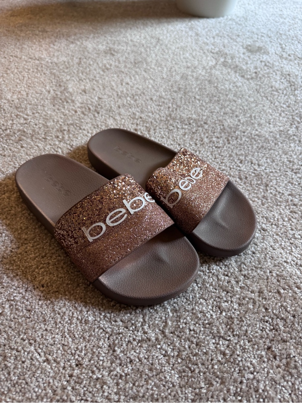 bebe Brown Glitter Slide Sandals with Logo Strap